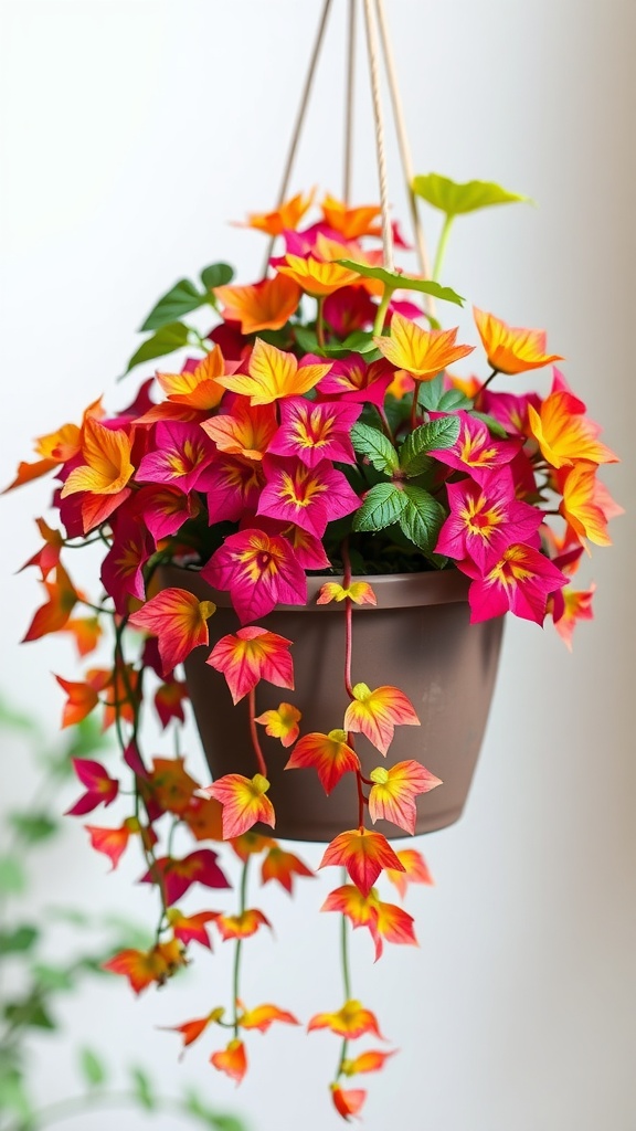 A vibrant Sweet Potato Vine in a hanging basket with bright orange and pink flowers.