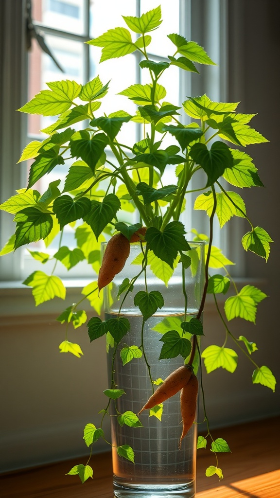 A sweet potato vine in a clear vase with water, showcasing its vibrant green leaves and tubers, positioned near a window.