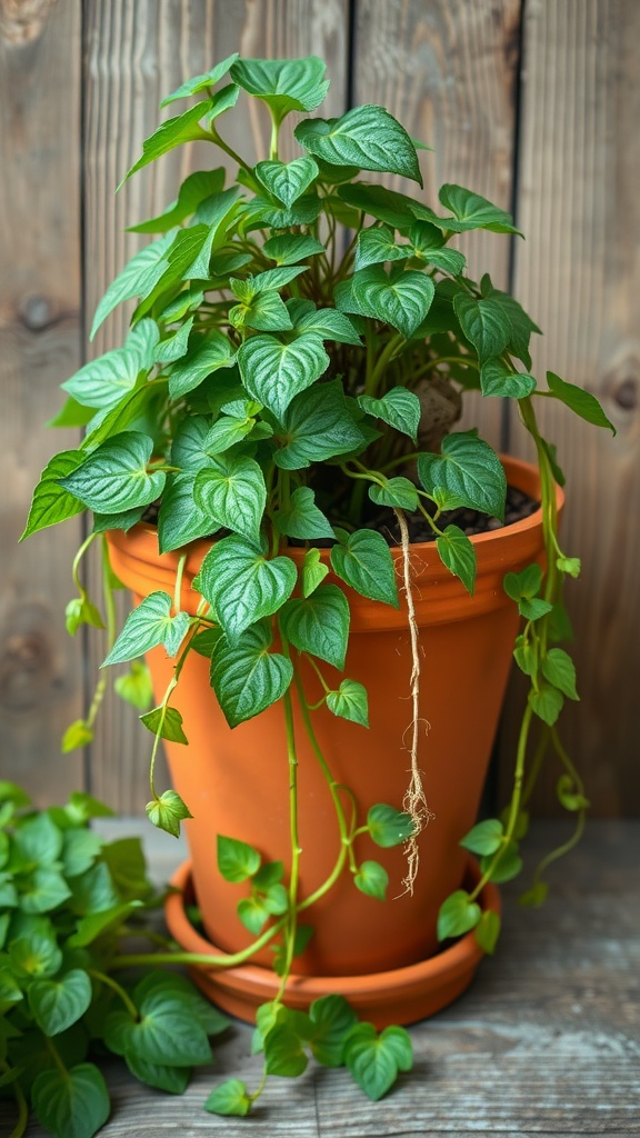 A thriving sweet potato plant with green, heart-shaped leaves in a terracotta pot.