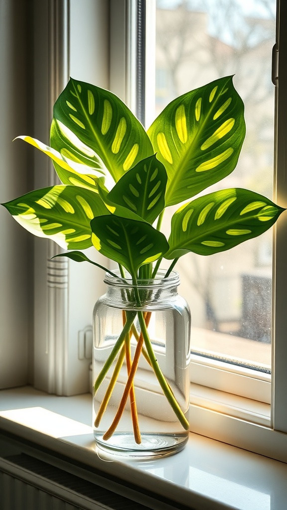 A Swiss Cheese Plant (Monstera Deliciosa) with large, perforated leaves in a clear vase filled with water, sitting on a windowsill.