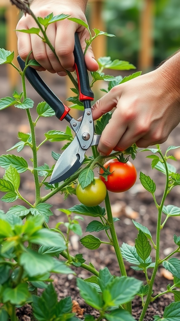 Hands using pruning shears on a tomato plant with ripe and unripe tomatoes.