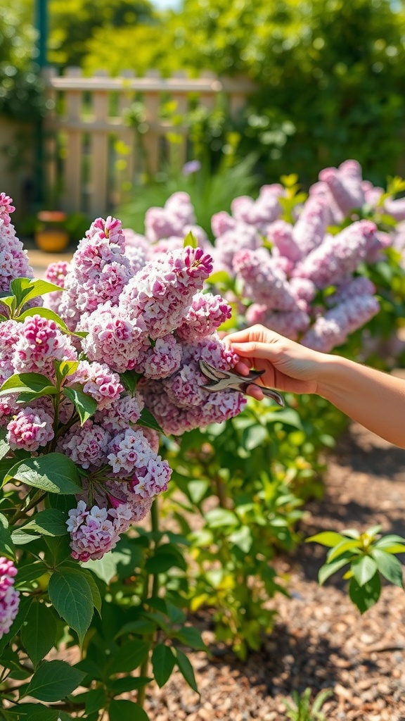 A person pruning a lilac bush with beautiful blooms in a garden.