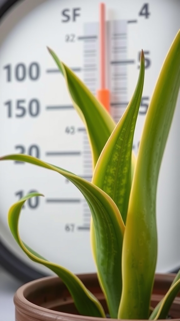 A snake plant next to a thermometer illustrating temperature concerns.