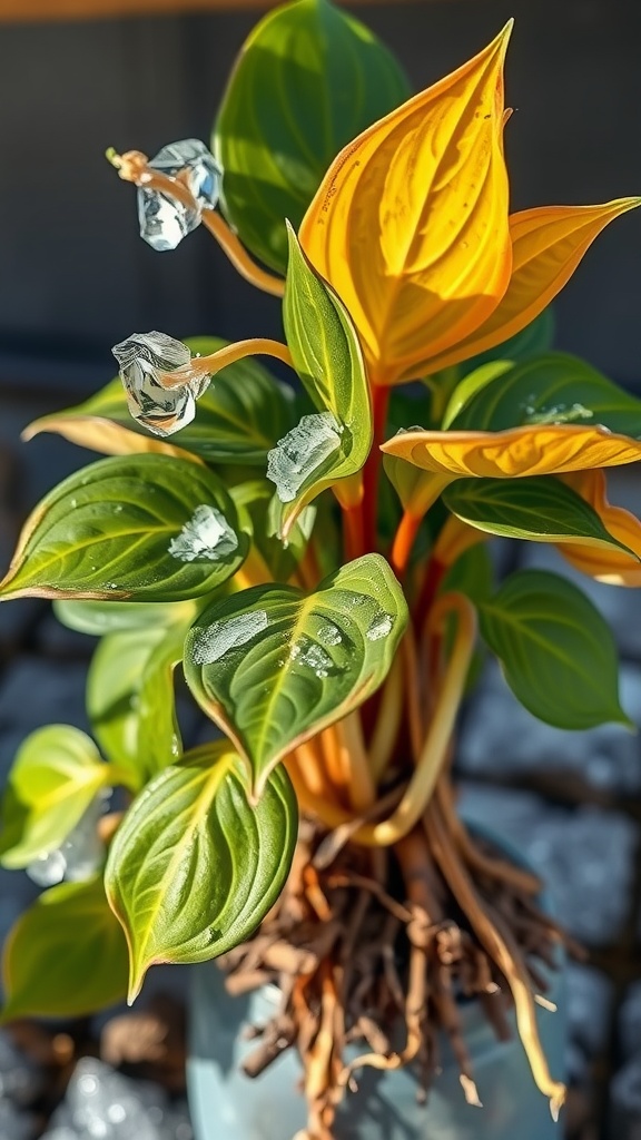 A vibrant pothos plant with green and yellow leaves, sitting in a pot, showing its roots.