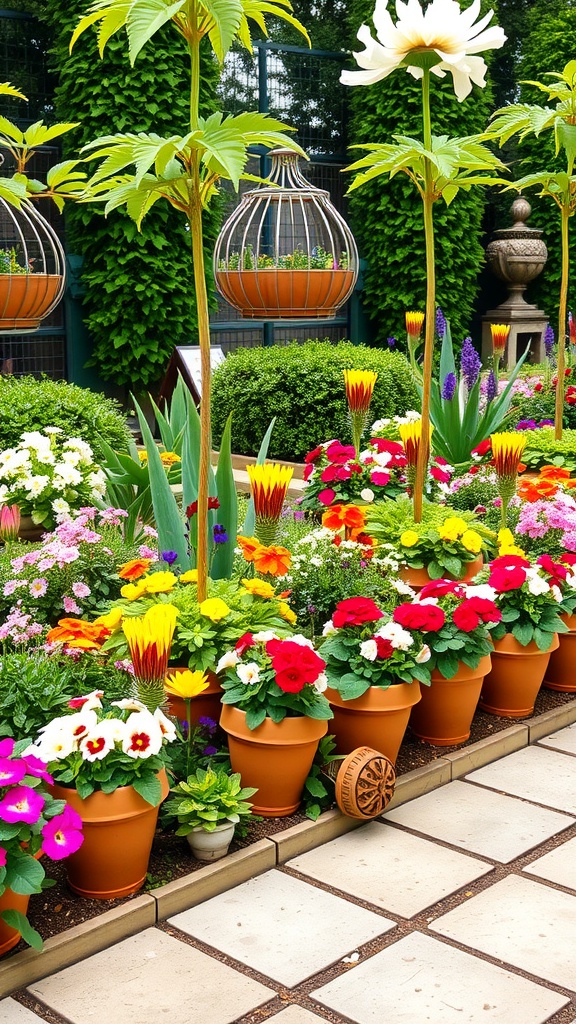 Colorful flower garden bordered with terracotta pots.