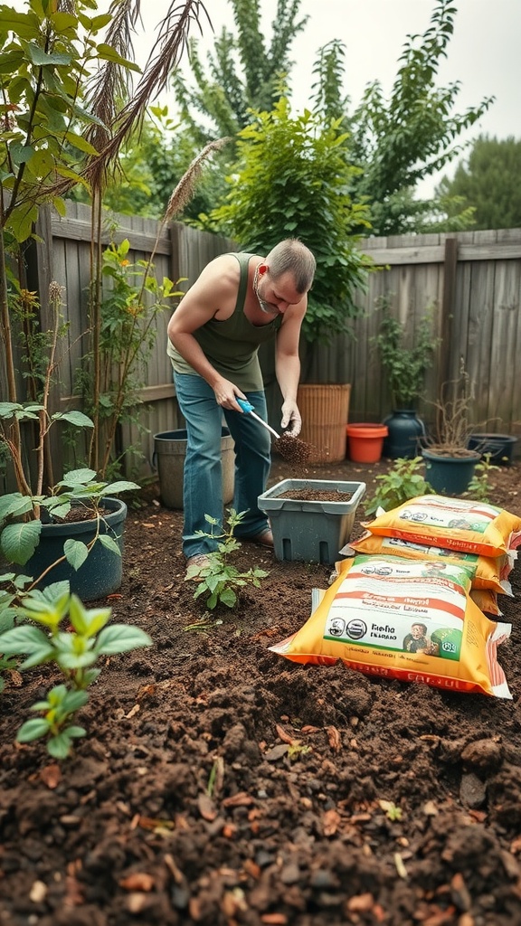 Person testing and amending garden bed soil with compost and tools.