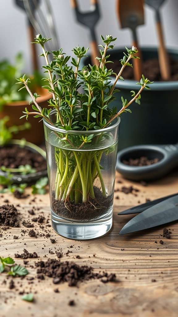 Thyme cuttings growing in a glass of water, with tools and soil in the background