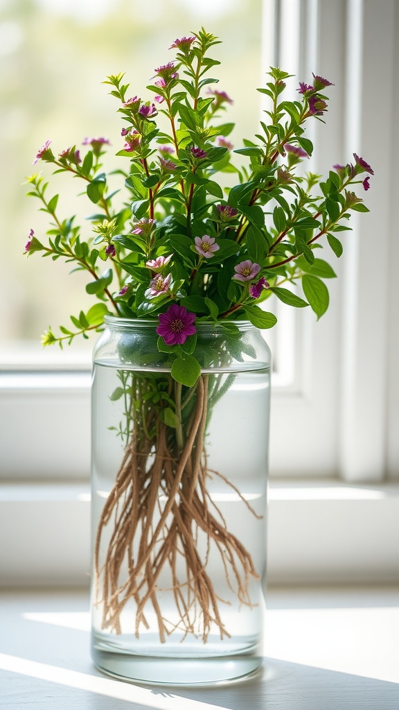 A sprig of thyme in a clear vase with visible roots and green leaves, sitting by a window.