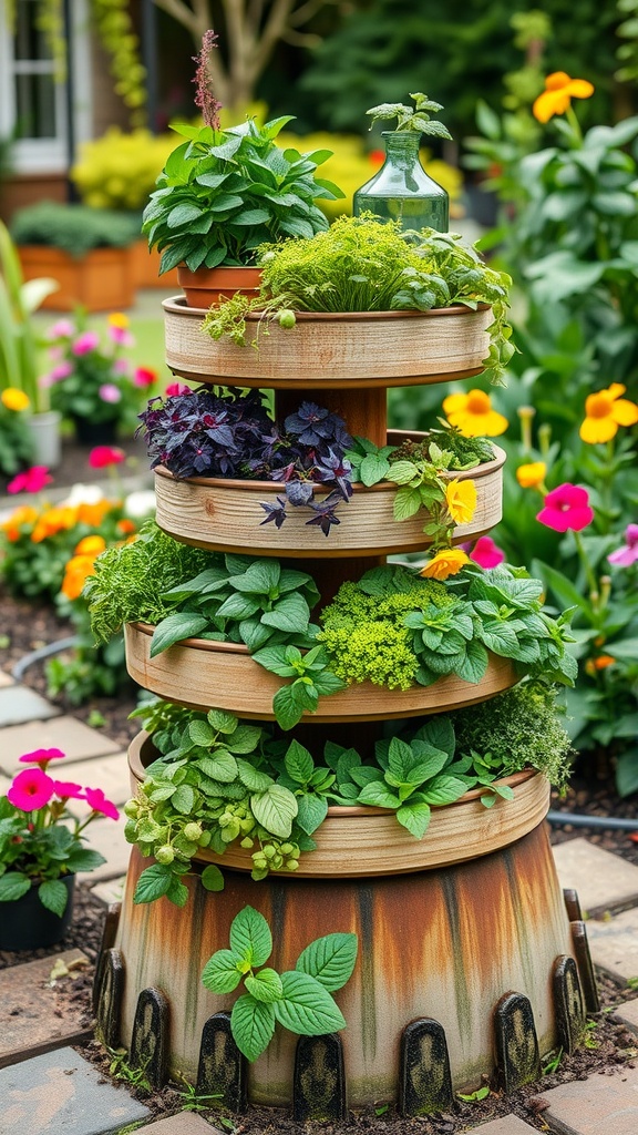 A tiered planter box filled with various herbs and flowers, surrounded by colorful blooms in a garden.