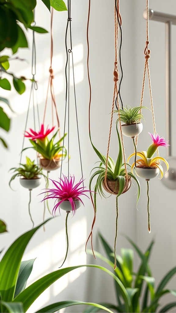 Colorful air plants hanging in decorative pots, showcasing vibrant greens and pinks.