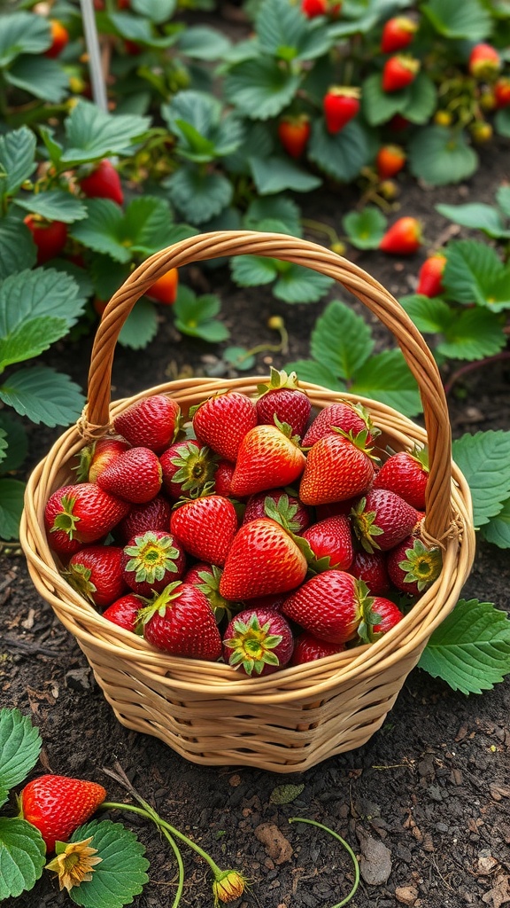 A basket filled with ripe strawberries on a bed of green leaves