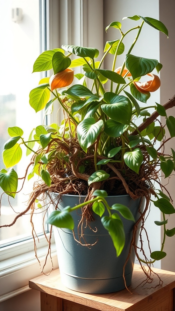 A vibrant Pothos plant in a pot, showcasing its roots and foliage near a bright window.