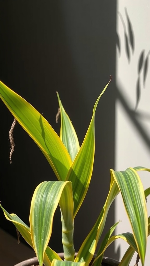 A close-up of a snake plant with vibrant green and yellow leaves leaning towards sunlight.