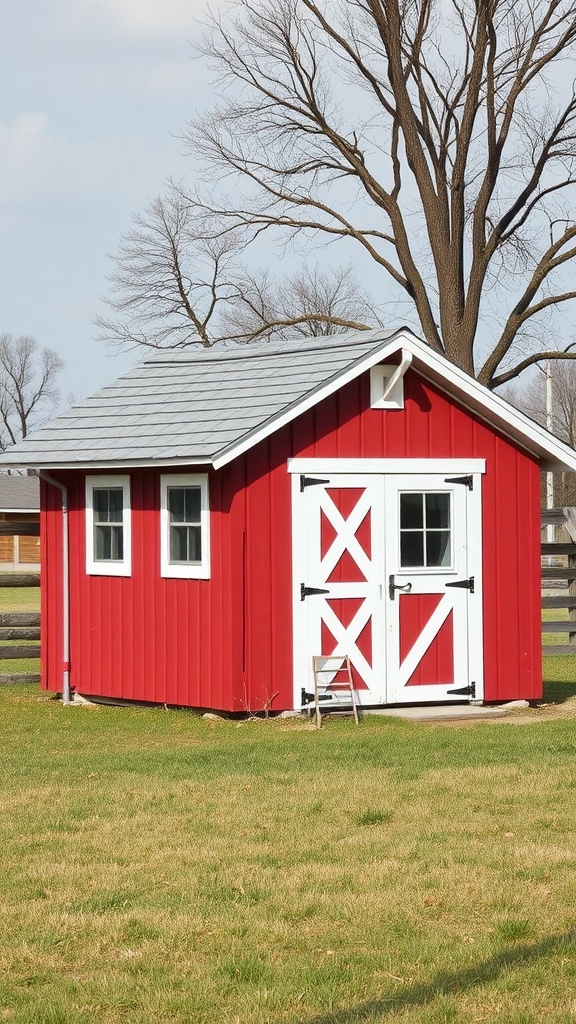 A traditional red barn-style chicken coop with white trim and a large door.