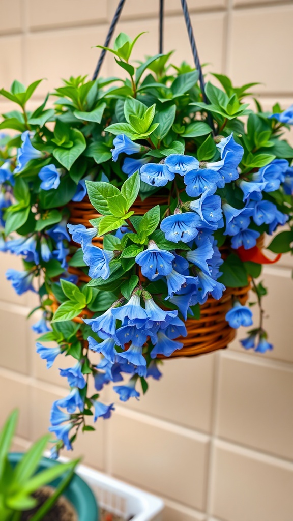 A vibrant hanging basket filled with Trailing Lobelia, showcasing clusters of bright blue flowers and lush green leaves.