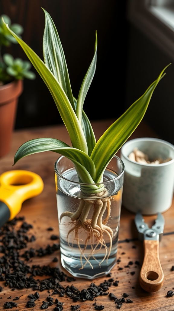 A Snake Plant cutting in a glass of water with visible roots, tools for plant care nearby.