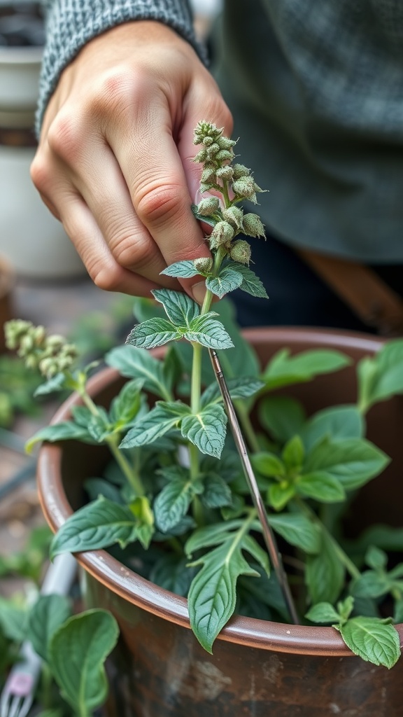 A person transplanting a sage cutting into a larger pot, showcasing well-developed roots and fresh potting soil.
