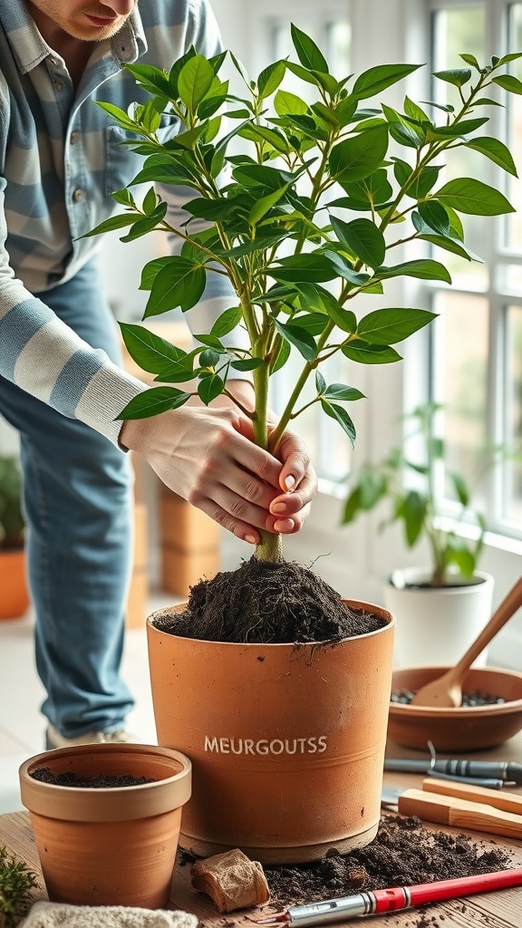 A person transplanting a rooted cutting of a Money Tree into a larger pot, surrounded by gardening tools.