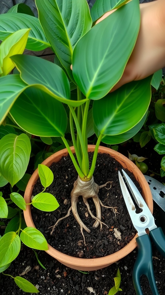 A healthy Monstera cutting being transplanted into well-draining soil in a pot, with visible roots and garden tools nearby.