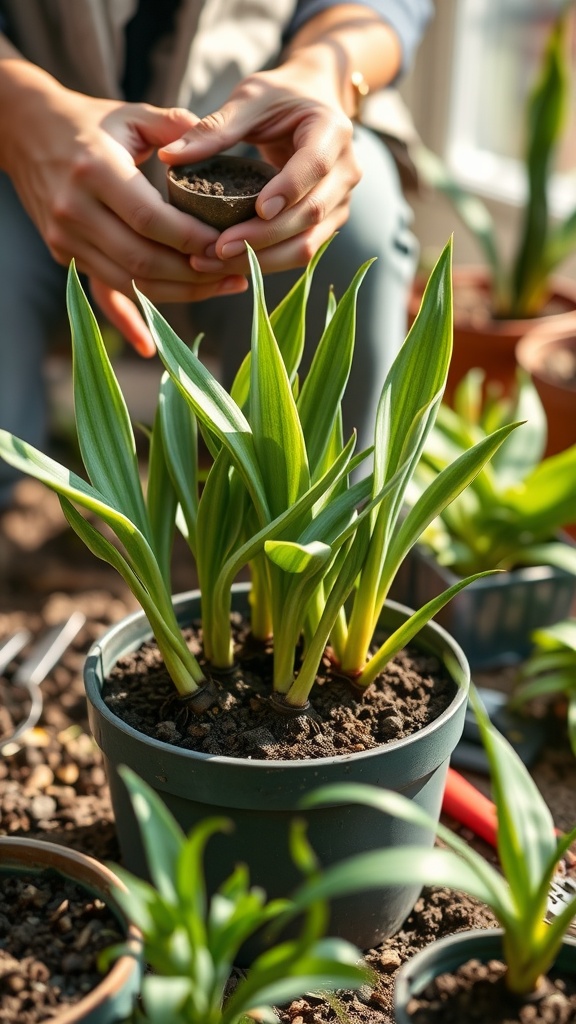 A person transplanting snake plant cuttings into a larger pot.