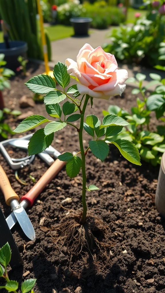 A young rose cutting with roots, surrounded by gardening tools in a sunny garden.