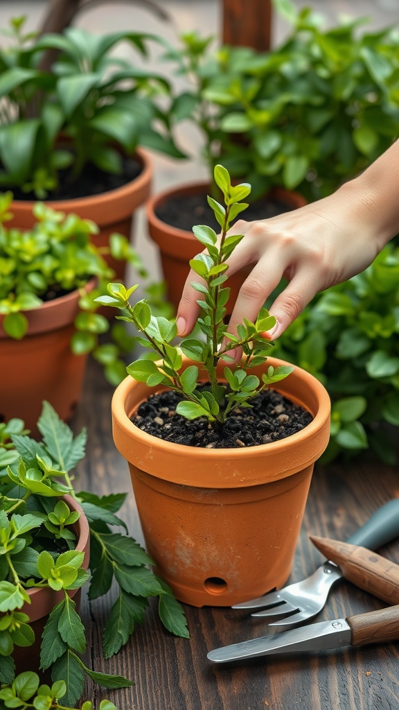 A hand transplanting a jade plant cutting into a larger terracotta pot surrounded by healthy plants.