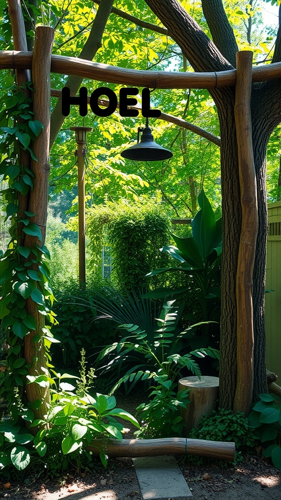 Outdoor shower framed by tree branches surrounded by lush greenery