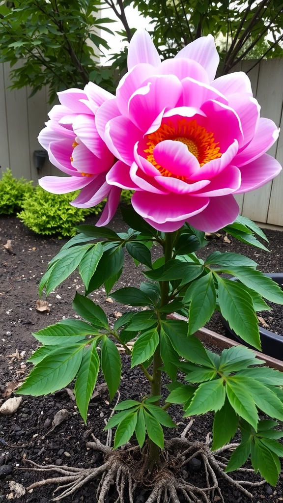 A close-up of a Tree Peony with vibrant pink flowers and lush green leaves.