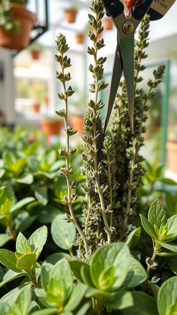 A close-up of hands using scissors to trim leggy sage growth in a lush green setting.