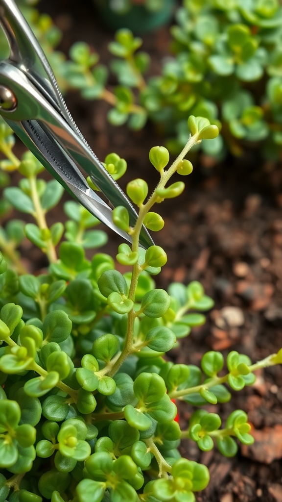 Person trimming a jade plant cutting with scissors