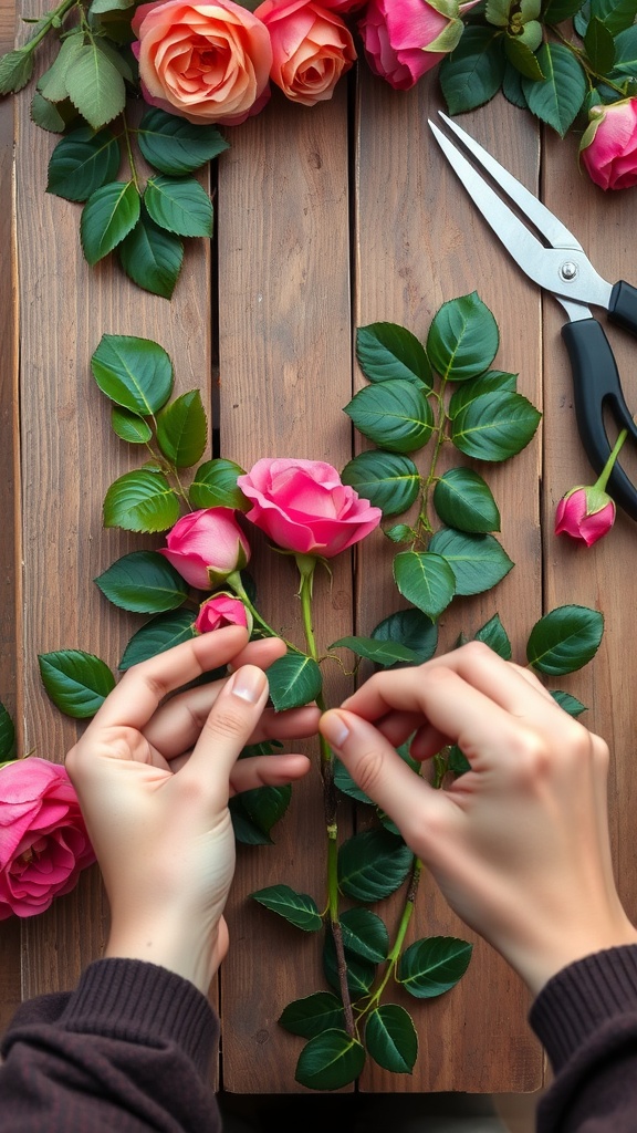 Hands trimming leaves and removing thorns from rose cuttings on a wooden surface.