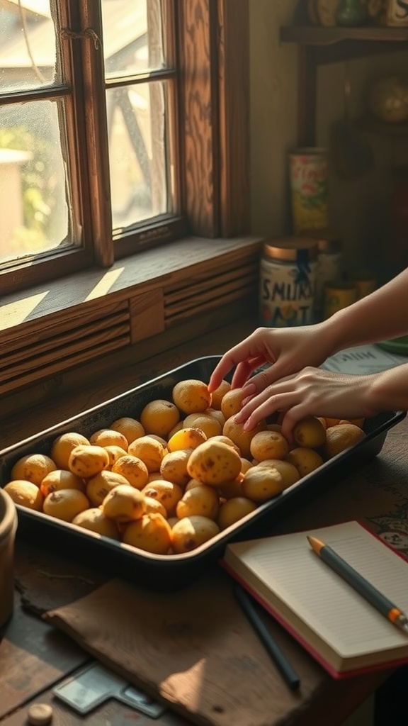 A person turning over small potatoes in a tray, preparing them for planting.