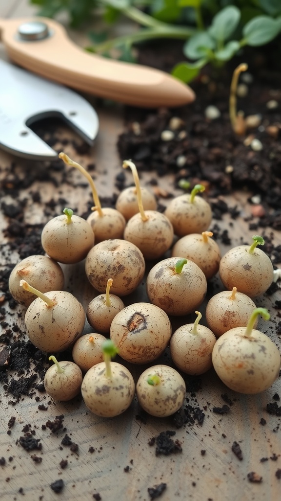 Sprouted potatoes with small green shoots and gardening tools