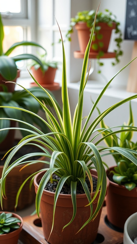 Image of a spider plant with a small spider, showcasing the plant's unique foliage and ecosystem.