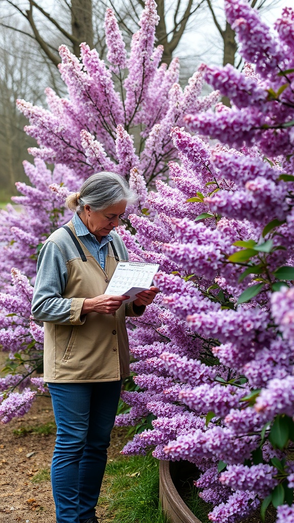 A gardener reading a plan in front of blooming lilac bushes.