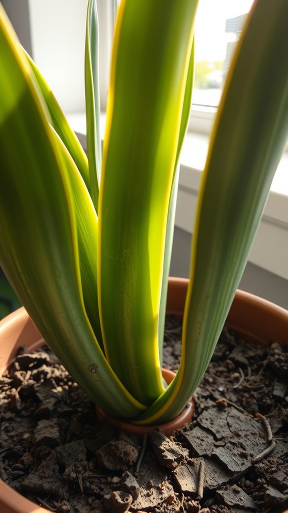 A close-up of a healthy snake plant with bright green, upright leaves in a pot