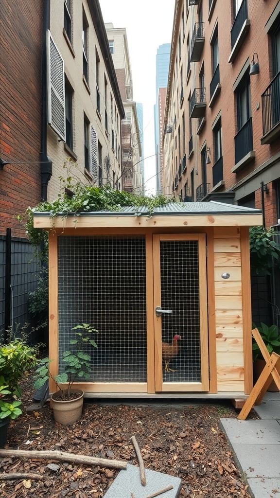 A small urban chicken coop nestled between buildings, featuring a wooden structure and plants on the roof.