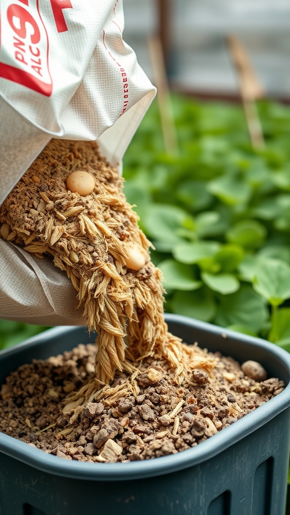 A person pouring light soil mix into a container, surrounded by potato plants.