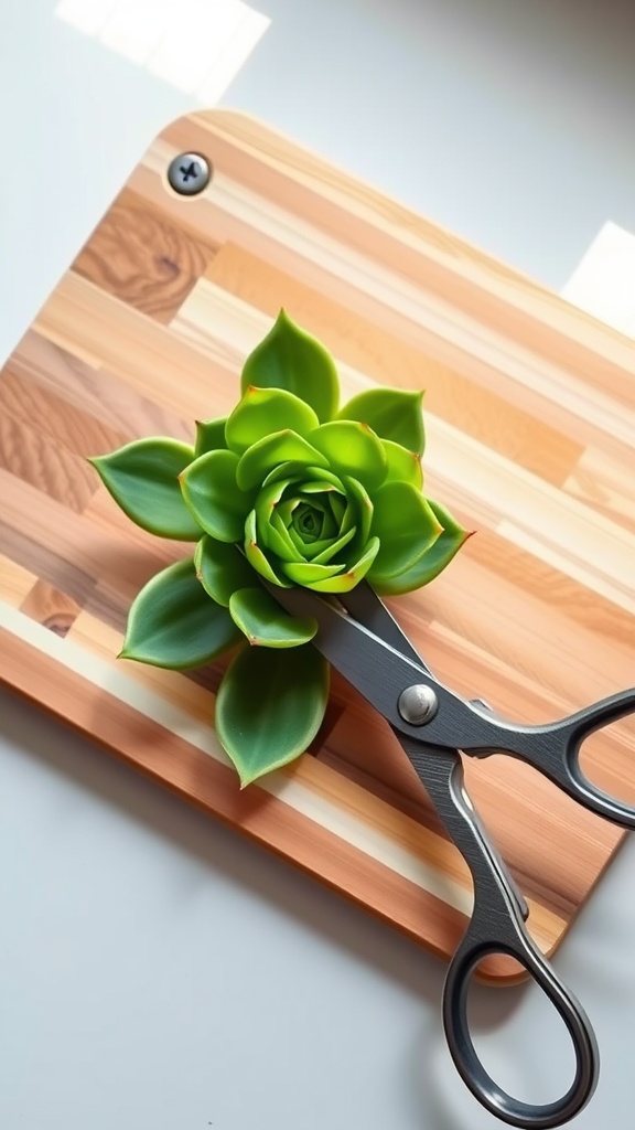 A pair of sharp scissors cutting a green succulent on a wooden cutting board