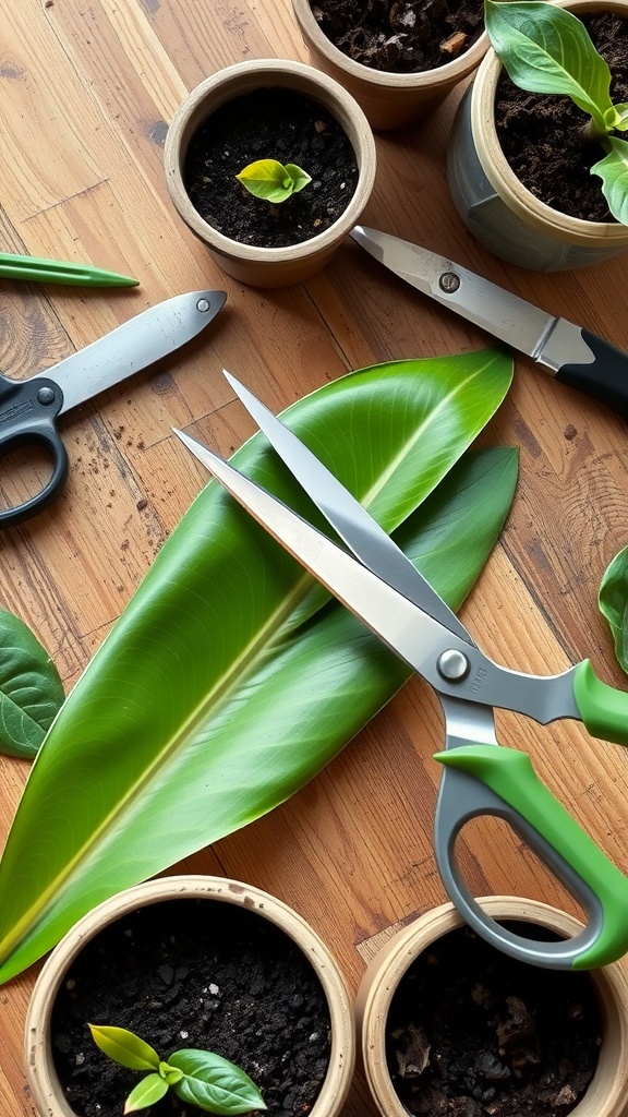 Scissors cutting a large green snake plant leaf among pots with soil and new plants.