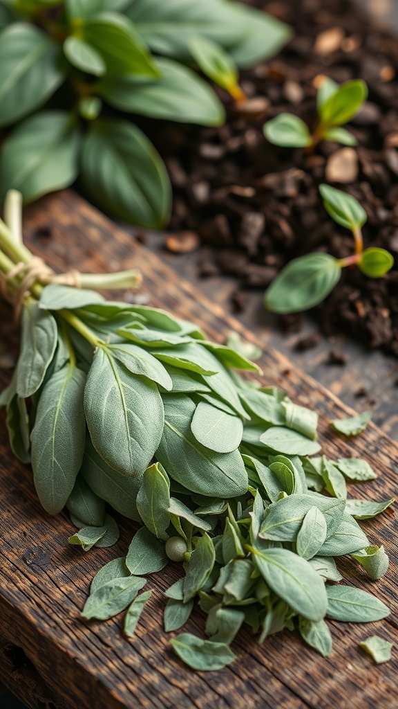 Close-up of sharp scissors next to fresh sage leaves on a wooden surface, ready for cutting.