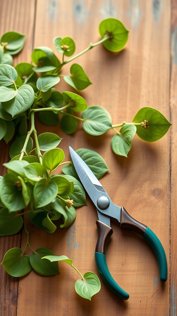 A pair of sharp scissors next to a Pothos vine on a wooden surface.