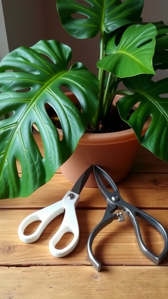 Image of clean scissors and pruners next to a Monstera plant, illustrating tools for propagation.
