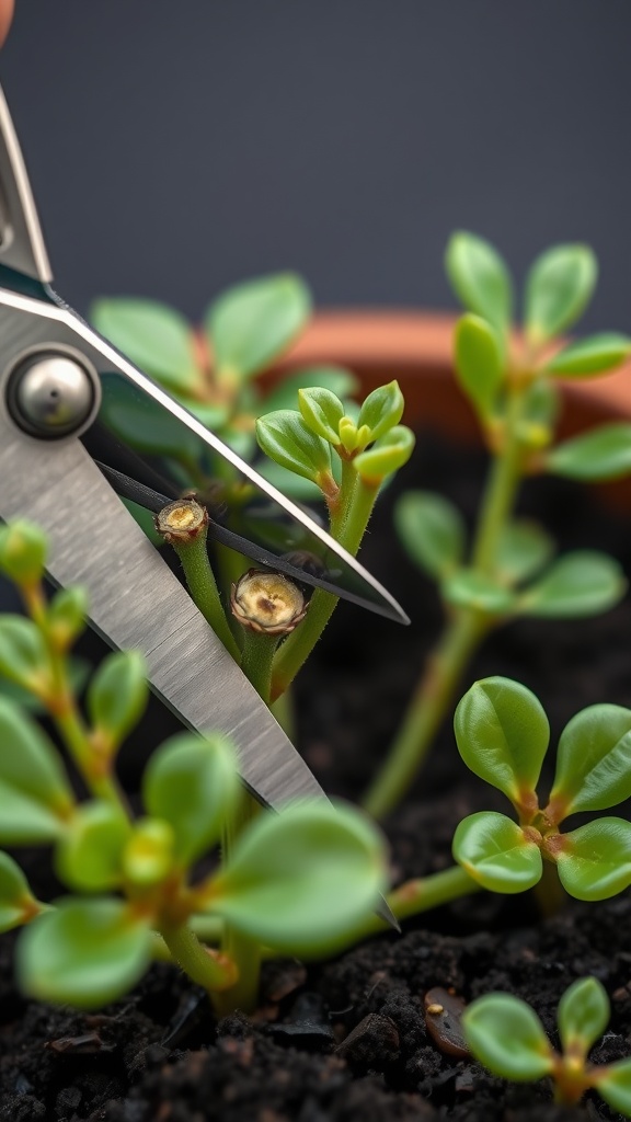 Close-up of scissors cutting a Jade plant cutting at an angle, showcasing the details of the plant's leaves and soil.