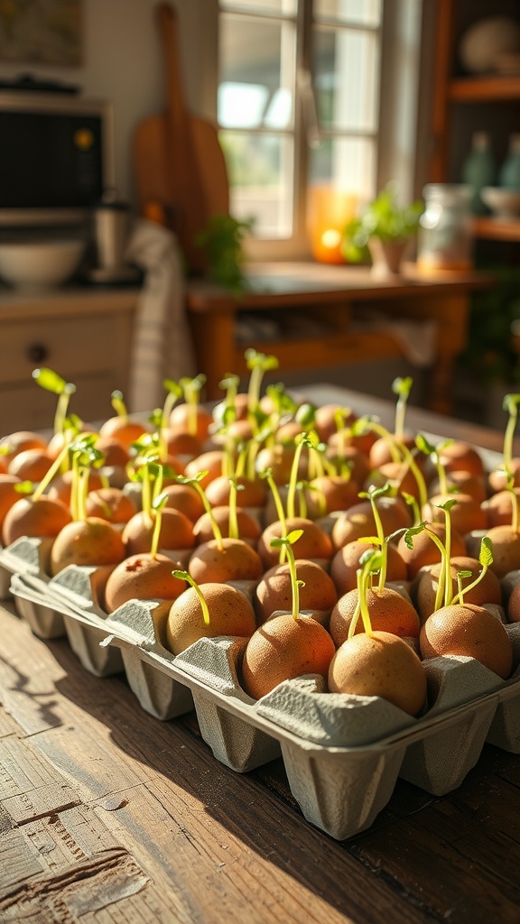 Potatoes sprouting in an egg carton on a wooden table with sunlight coming through a window