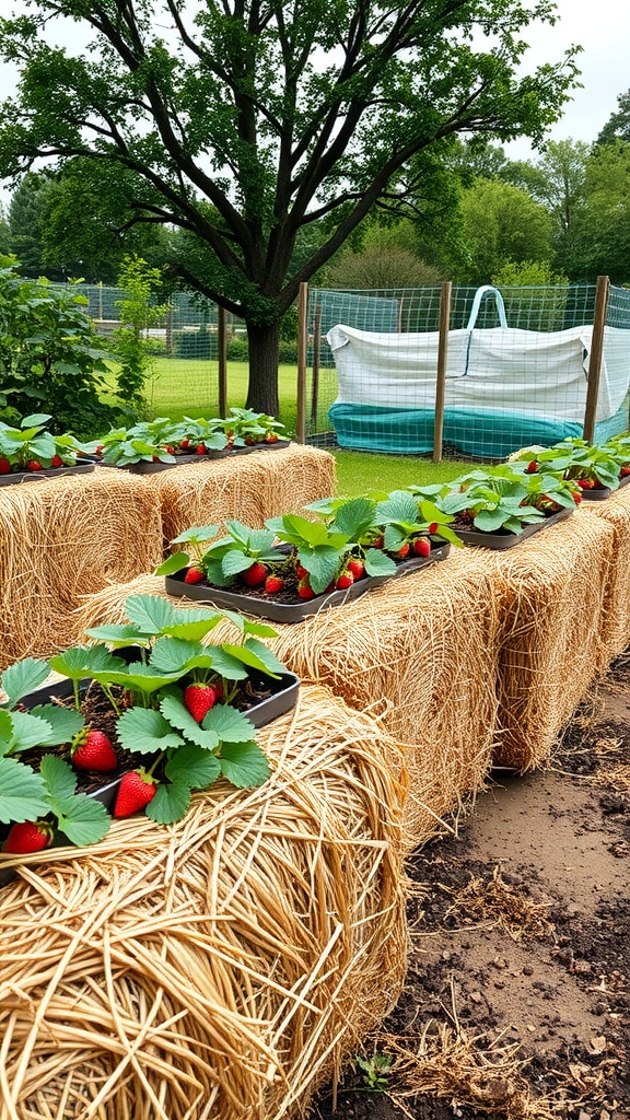 Straw bale garden with strawberry plants growing on top