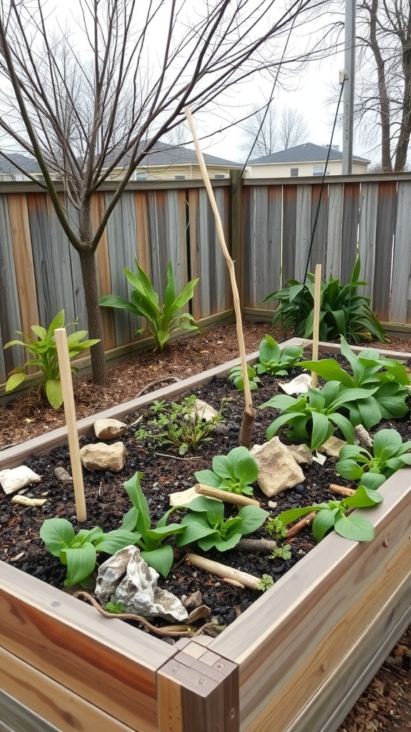 A raised vegetable garden with green plants, twigs, and stones in a wooden bed.