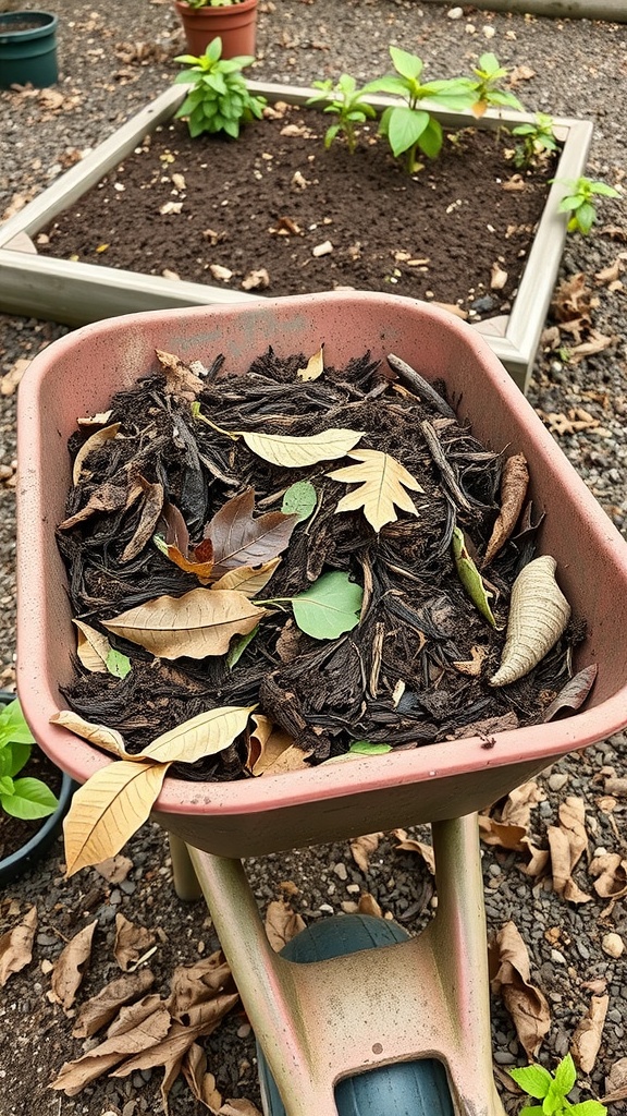 A wheelbarrow filled with compost and dried leaves, with a garden bed in the background.