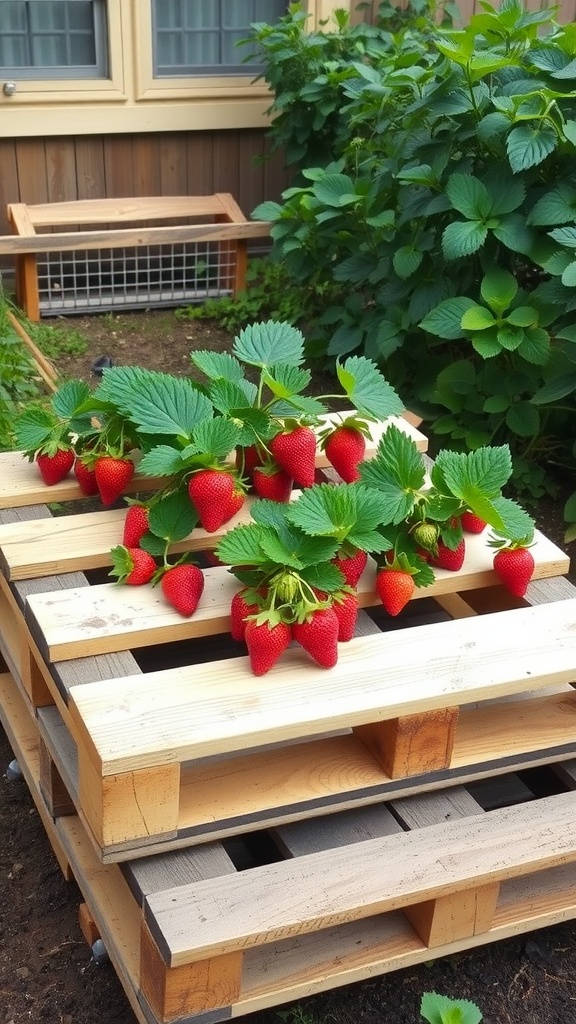 Strawberries growing on a stack of recycled pallets in a garden.