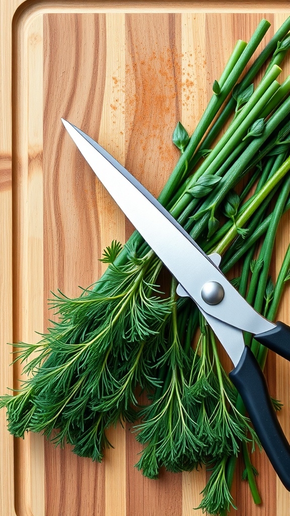 A pair of sharp scissors on a wooden cutting board with freshly harvested dill.